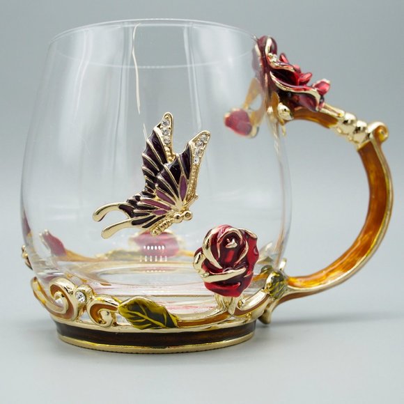 Reposhed Arc Of France Glass Mug & Spoon - Rose & Butterfly Design - Picture 10 of 15
